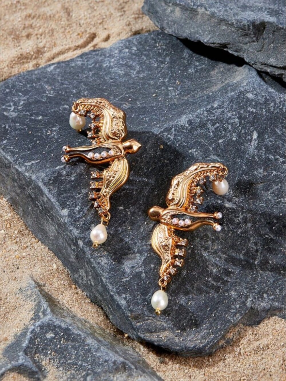 Gold Baroque Bird Rhinestone Faux Pearl Drop Earrings